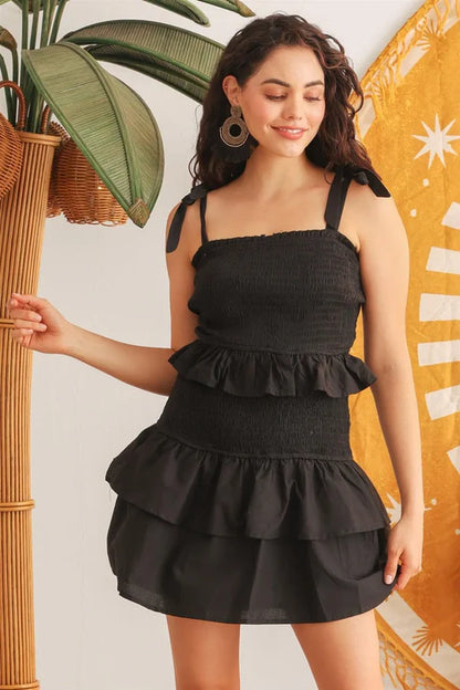 Black Cotton Smocked Mini Dress