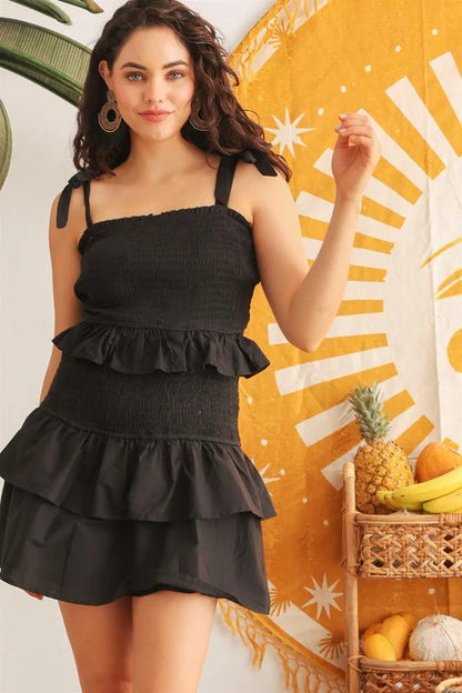 Black Cotton Smocked Mini Dress