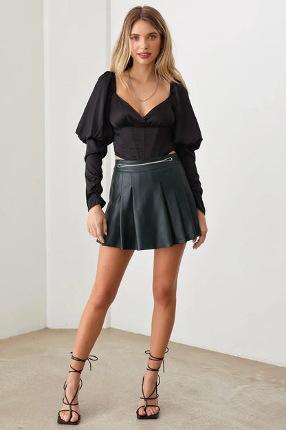 Faux Leather Front Chain Embellished Belt Pleated Skort - Hunter