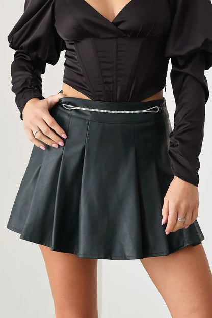 Faux Leather Front Chain Embellished Belt Pleated Skort - Hunter